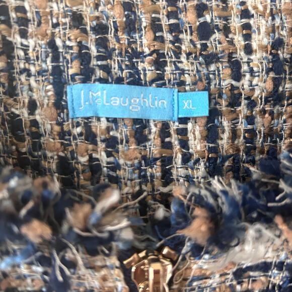 J. McLaughlin Navy Blue and Gold Tweed Fringed Walden Coat Size XL - Picture 3 of 5